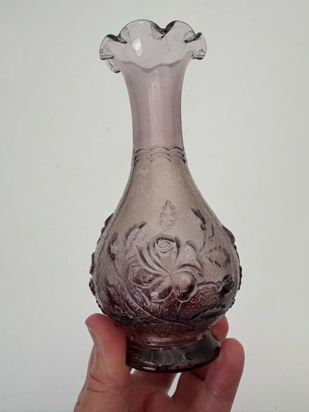 Vintage Imperial Glass Purple Embossed Glass “Rose” Bud Vase